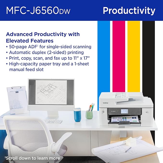 Brother INKvestment 6560 Wireless Color Inkjet All-in-One Printer with 11”x17” Capabilities and 2.7” Color Touchscreen | Includes Refresh Subscription Trial(1) (MFC-J6560DW)