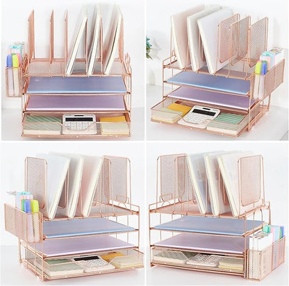Desk Organizer with 5 Vertical File Holders, 3-Tier Paper Organizer and Drawer, Desk Accessories in Rose Gold