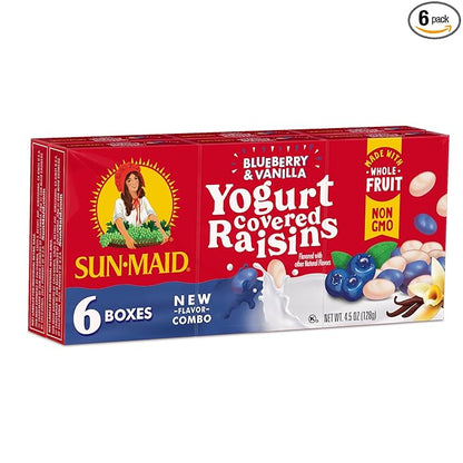 Sun-Maid Blueberry & Vanilla Yogurt Coated Raisins - (6 Pack) 0.75 oz Snack-Size Box - Yogurt Covered Dried Fruit for Lunches and Back to School Snacks