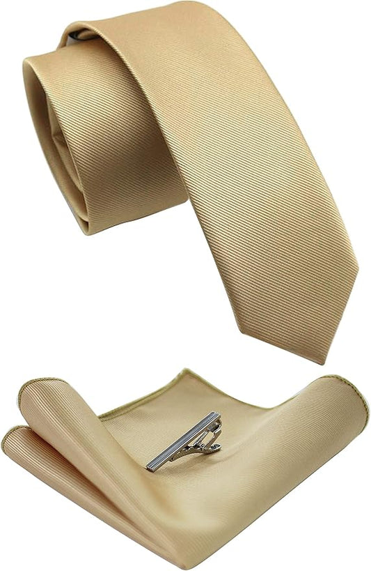 JEMYGINS 2.4" Solid Color Skinny Tie and Pocket Square with Tie Clip Sets for Men (6cm)