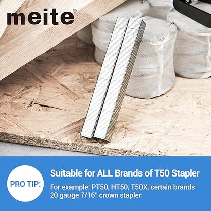 meite T50 Heavy Duty Staples, 1/4 Inch Galvanized T50 Staples for Staple Gun, 20 Gauge 3/8 Inch Crown Staple for Upholstery, Construction, Furniture (1 Case)