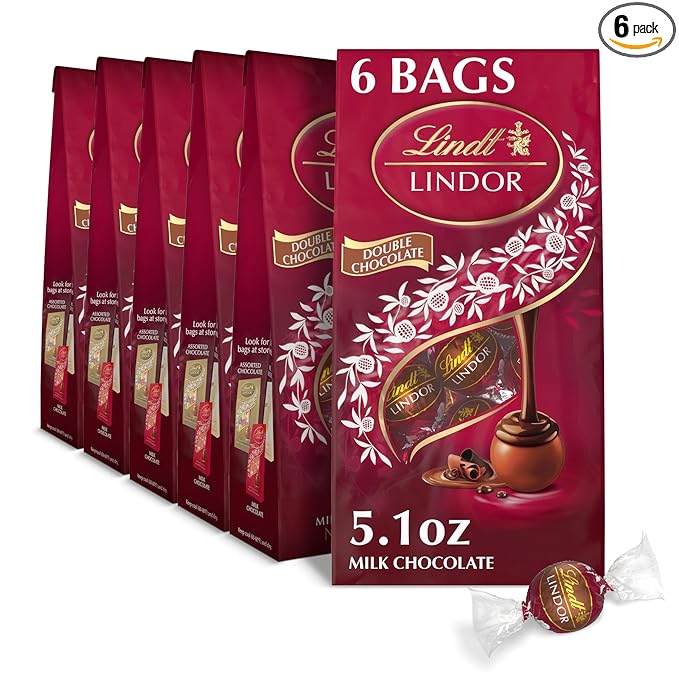 Lindt LINDOR Double Chocolate Milk Chocolate Candy Truffles, Milk Chocolate with Smooth, Melting Truffle Center, Great for Gift Giving, 5.1 oz. Bag (6 Pack)