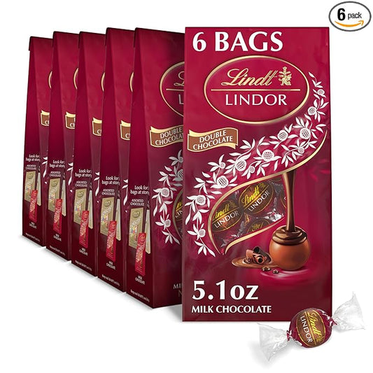 Lindt LINDOR Double Chocolate Milk Chocolate Candy Truffles, Milk Chocolate with Smooth, Melting Truffle Center, Great for Gift Giving, 5.1 oz. Bag (6 Pack)
