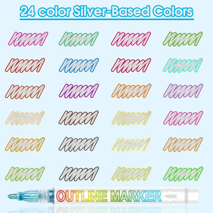 Glitter Markers Outline Glitter Pens, Tween Teen Girl Gifts Trendy Stuff, 24pcs Shimmer Metallic Outline Markers, Art Supplies Crafts Gifts for 4-12 Year Old Girls 6-8 9-12 10-12,Cute Cool Fun Crafts