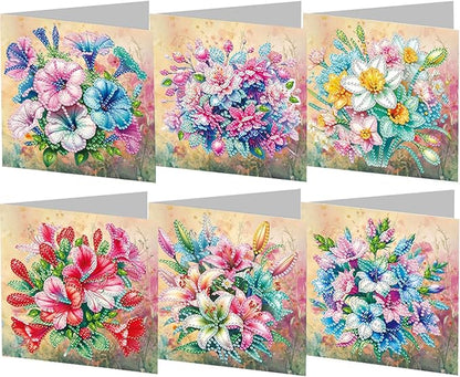 6PCS Diamond Art Painting Greeting Cards,Happy Birthday Cards with Envelopes,DIY Card Making Kits Thank You Card Arts Crafts for Birthday(Flower)