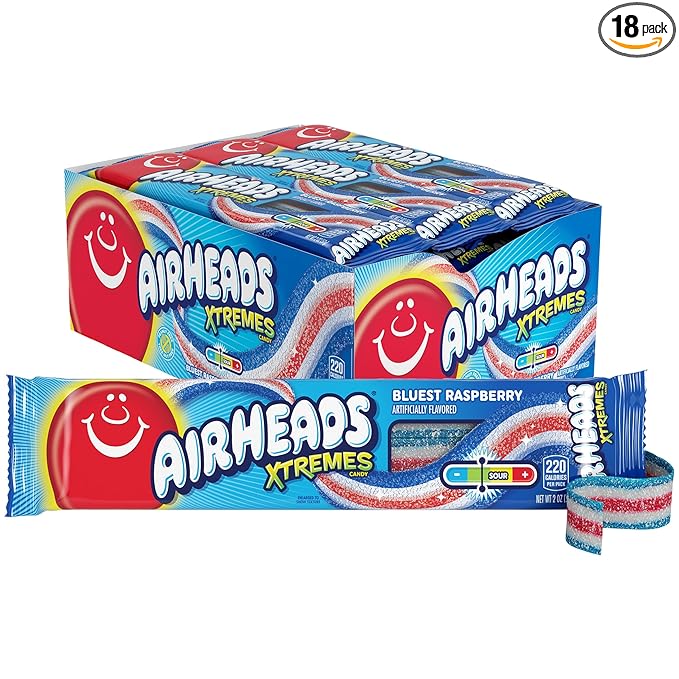 Airheads Xtremes Belts Holiday Candy, Chewy Candy Package, Christmas Stocking Stuffers for Adults & Kids, Bluest Raspberry Fruit Flavor Artificially Flavored, 2 Ounces (18-Pack)