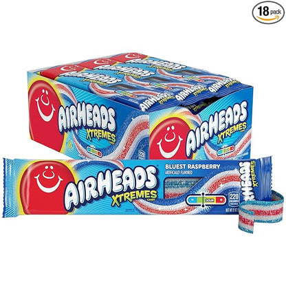 Airheads Xtremes Belts Holiday Candy, Chewy Candy Package, Christmas Stocking Stuffers for Adults & Kids, Bluest Raspberry Fruit Flavor Artificially Flavored, 2 Ounces (18-Pack)