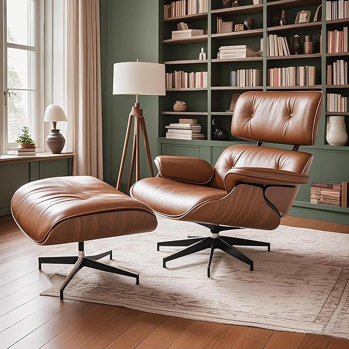 Mid Century Chaise Lounge Chair with Ottoman, Top Black Grain Leather, Modern Office Chair Classic Design, Heavy Duty Base Support for Living Room Study Lounge Office