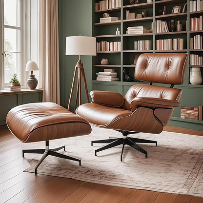 Mid Century Chaise Lounge Chair with Ottoman, Top Black Grain Leather, Modern Office Chair Classic Design, Heavy Duty Base Support for Living Room Study Lounge Office
