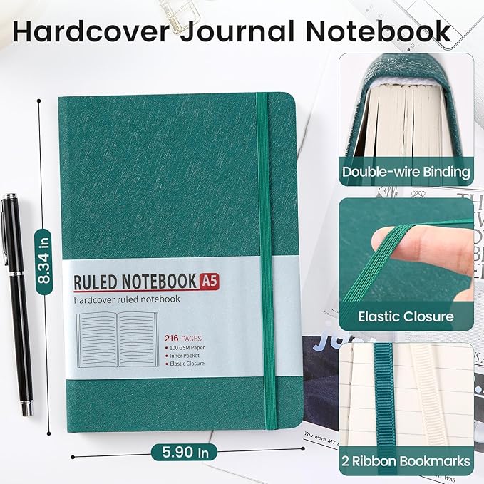 Lined Journal Notebook for Women Men 216 Pages A5 Hardcover Journals for Writing Daily Journaling Notebook for Work, School, Note Taking, Business, Travel Dark Green