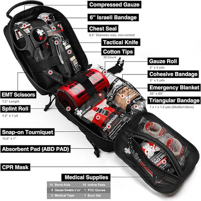 Survival First Aid Kit with Israeli Bandage, Chest Seal, Tourniquet, Splint, Tactical Military Combat Molle IFAK for Wound Care, Bleeding Control, Trauma Hemorrhage and More (Black)