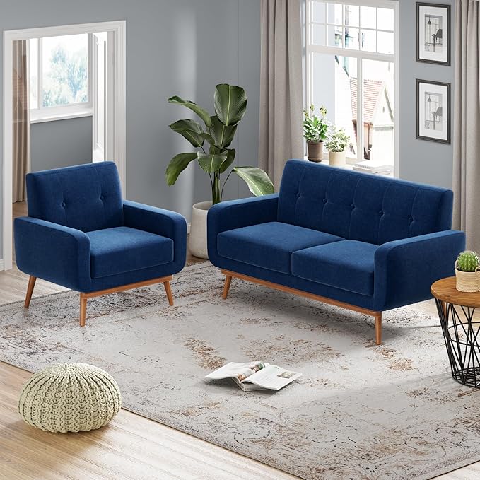 HUIMO Living Room Set, Button Tufted Living Room Furniture Sets, Upholstered Modern Couch Set with Solid Frame, Deep Seat Sofa Set for Living Room, Office (Dark Blue, 2 Piece Set-loveseat+Chair)