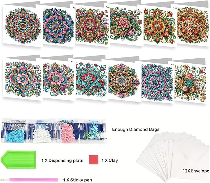 jinglinhh 12pcs Mandala Diamond Art Painting Greeting Cards with Envelopes, DIY Card Making Kits for Adults, Diamond Art Christmas Cards for Birthday Holiday Postcards Craft Gifts