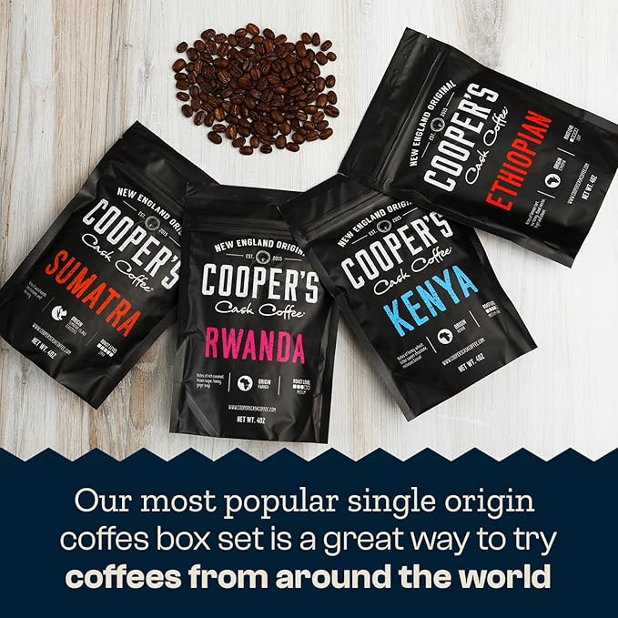 Gourmet Coffee Sampler Gift Box Set, Roasted Coffee Ground, Sumatra Dark, Kenya AA Medium-Dark, Rwanda Medium, Natural Ethiopian Light, Ground, 4 Bags, 16 oz Total
