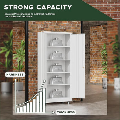 Greenvelly 73" Metal Storage Cabinet with Wheel and Pegboard, Lockable White Metal Garage Cabinets with 2 Doors and 4 Adjustable Shelves, Rolling Steel Tool Cabinet for Garage, Home Office, School