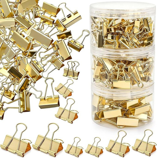 Fasmov 174 Pcs Gold Binder Clips Paper Clamps, Assorted Sizes Paper Clamps Clips (Small, Medium, Large), Office Clip with Container, Binder Clip for Office School and Home Supplies