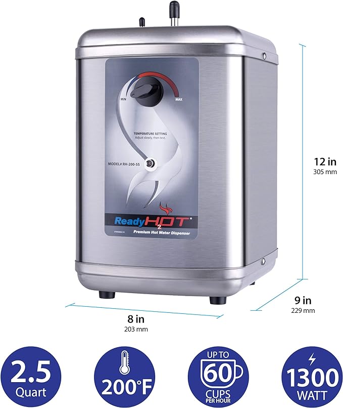 Ready Hot 41-RH-200-F570-BN Instant Hot Water Dispenser System, 2.5 Quarts, Manual Dial Single Lever Hot Water Faucet Brushed Nickel