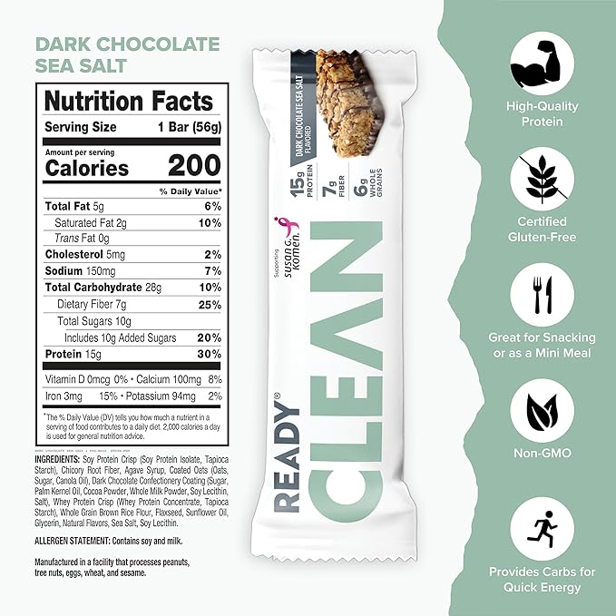 Ready® Protein Bars – High-Protein Snack with 15g Whey Protein, With Flaxseeds and Omega-3s for Sustained Energy, Supports Lean Muscle and Recovery, No Artificial Sweeteners – Dark Chocolate Sea Salt, 12-Pack