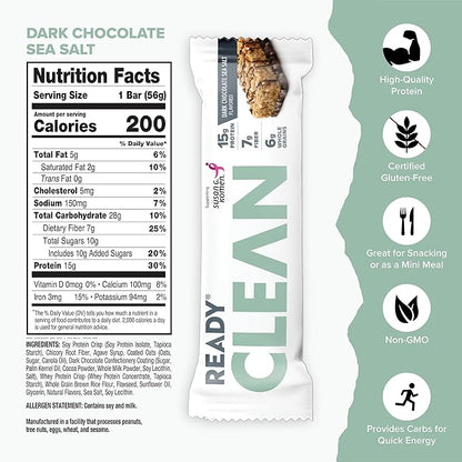Ready® Protein Bars – High-Protein Snack with 15g Whey Protein, With Flaxseeds and Omega-3s for Sustained Energy, Supports Lean Muscle and Recovery, No Artificial Sweeteners – Dark Chocolate Sea Salt, 12-Pack