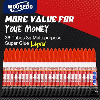 36 X 3g Super Glue Liquid, Clear Strong Adhesive,Fast Drying Cyanoacrylate Glue for Wood, Rubber, Leather, Hard Plastic, Metal, DIY Crafts and More