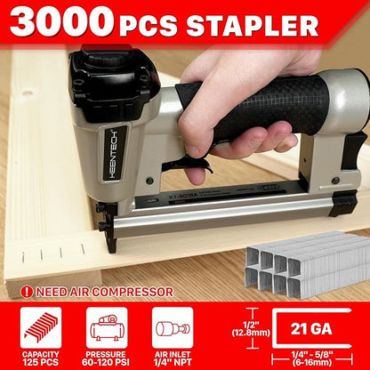 KEENTECH Pneumatic Staple Gun 21 Gauge, Air Upholstery Stapler with 3000pcs 1/2" Crown Staples 1/4"-5/8", Ready-to-Use Pneumatic Nail Gun Tool Set with Safety Trigger for Wood Furniture Fabric Leather