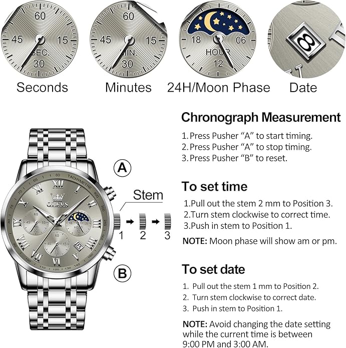 OLEVS Mens Stainless Steel Chronograph Watch, Big Face Roman Numerals Date Analog Quartz Dress Watches for Men, Fashion Multifunctional Waterproof Luminous Hands Men's Wristwatch