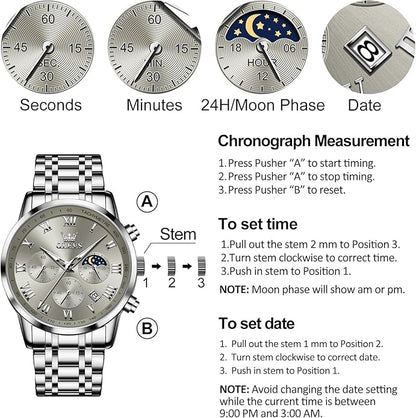 OLEVS Mens Stainless Steel Chronograph Watch, Big Face Roman Numerals Date Analog Quartz Dress Watches for Men, Fashion Multifunctional Waterproof Luminous Hands Men's Wristwatch