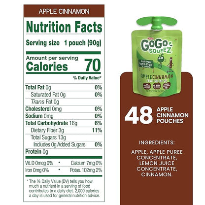 GoGo squeeZ Applesauce and Fruit Puree, Apple Cinnamon, 3.2 oz (Pack of 48), Unsweetened Fruit Snacks for Kids, Gluten Free, Nut Free and Dairy Free, BPA Free Pouches (Packaging May Vary)