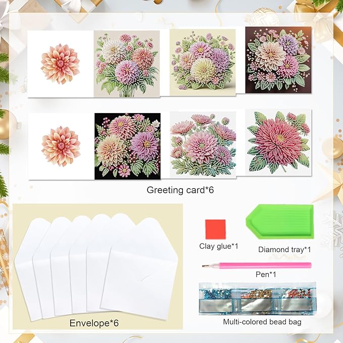 6pcs creative gift of diamond art painting birthday cards - flowers chrysanthemum, greeting card with envelope, handmade DIY painting birthday card art craft card kit postcards for family and friends