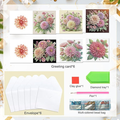 6pcs creative gift of diamond art painting birthday cards - flowers chrysanthemum, greeting card with envelope, handmade DIY painting birthday card art craft card kit postcards for family and friends