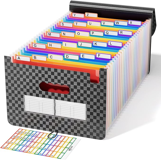 ABC life 26 Pockets Accordian File Organizer,Expanding File Folder/Portable A4 Letter Size Filling Box, Expandable Desktop Accordion Folder, Plastic Paper Document Coupon Organizer with Colored Label