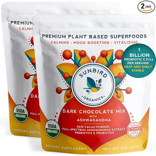 Chocolate Powder with Organic Ashwagandha Root Extract, Cacao Powder, Probiotics & Prebiotic Fiber. Smoothie Mix and Healthy Hot Chocolate. Everyday Bliss with Focus, Calm & Stress Support - 2 Pack
