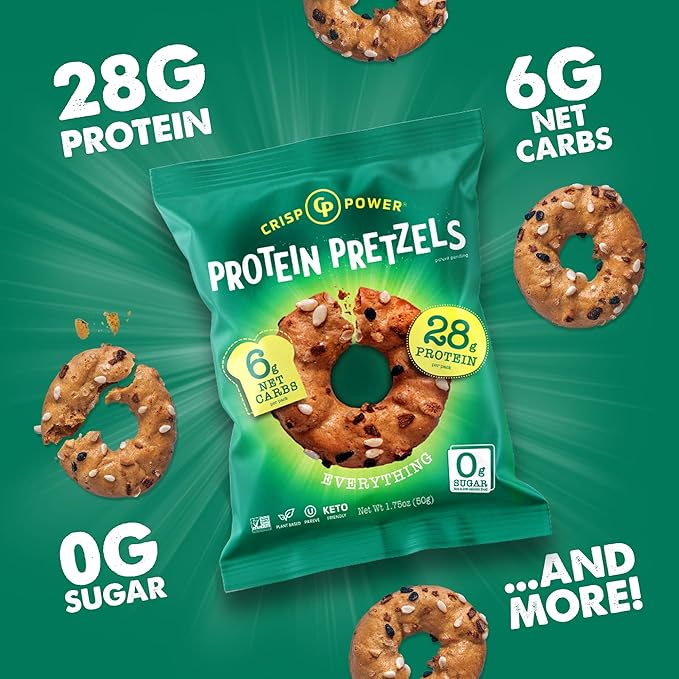 Crisp Power Protein Pretzels, Everything, High Protein Vegan Keto Snack, 28 G Plant Based Protein, Low Carb Crunchy Pretzel Snacks, No Added Sugar, No Seed Oils, 1.75 oz Bags, 6 Pack