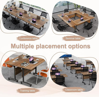 Folding Conference Table,Conference Table with Wheels,Large Flip-Top Training Table,Freely Combinations,Easy to Move for Offices, Schools,Training Rooms（8,Yellow,71in