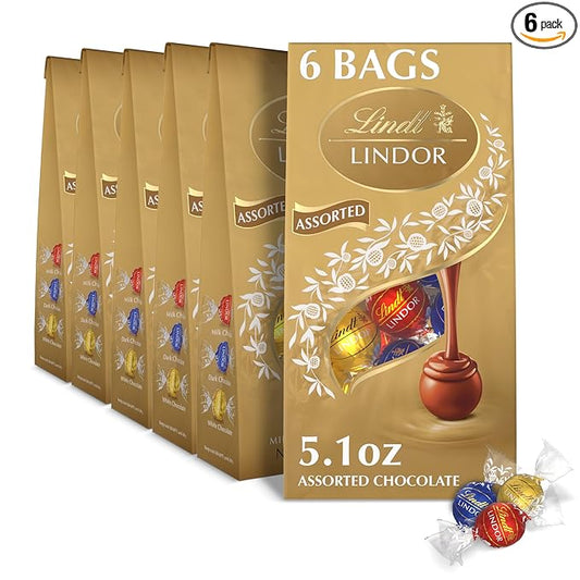 Lindt LINDOR Assorted Chocolate Truffles, Chocolate Candy with Smooth, Melting Truffle Center, Great for Gift Giving, 5.1 oz. Bag (6 Pack)