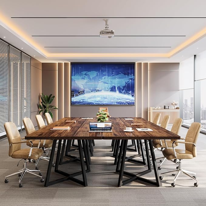 Tribesigns 31.5" Square Conference Table Set of 4, 10 ft Industrial Office Meeting Table for 8-10 People, Business Podcast Furniture with Metal Base for Small Spaces, Office Conference, Brown & Black