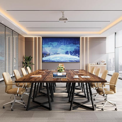 Tribesigns 31.5" Square Conference Table Set of 4, 10 ft Industrial Office Meeting Table for 8-10 People, Business Podcast Furniture with Metal Base for Small Spaces, Office Conference, Brown & Black