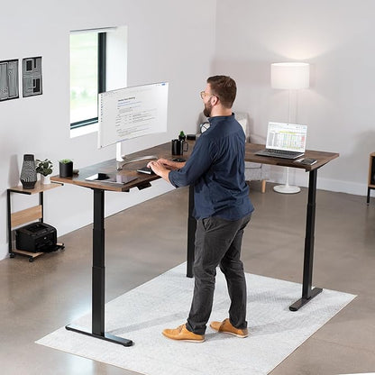 VIVO Electric 78 x 55 inch Square Corner Memory L Shaped Stand Up Desk, Rustic Vintage Brown Table Top, Black Frame, Corner Height Adjustable Workstation, 3E-S Series, DESK-KIT-3E5SBN