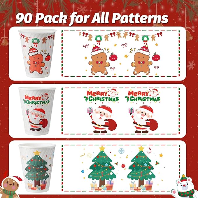 90 Pack Christmas Coffee Cups 12 oz No Lids, Disposable Insulated Paper Coffee Cups, Corrugated Ripple Wall Design Paper Cup, Hot Cold Drinking Cup for Party, Home, Events