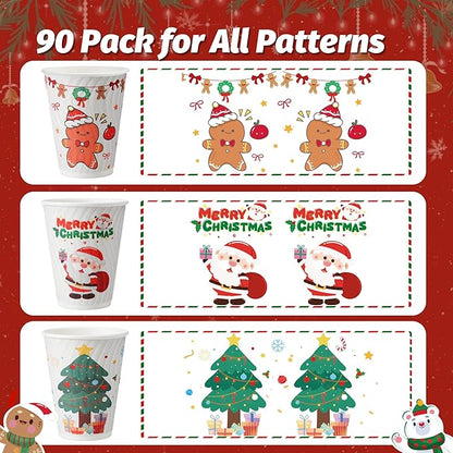 90 Pack Christmas Coffee Cups 12 oz No Lids, Disposable Insulated Paper Coffee Cups, Corrugated Ripple Wall Design Paper Cup, Hot Cold Drinking Cup for Party, Home, Events