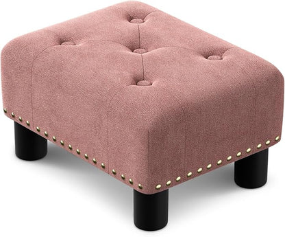 Athena Collection Small Ottoman Foot Rest with Legs, Linen Fabric Ottoman Foot Stool with Soft Padded seat, Square Footstool FootRest for Living Room, Bedroom, Office, Pink