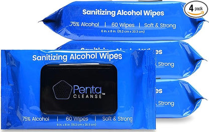 Advanced 75% Alcohol Hand Wipes - Sanitizing, Cleaning, FDA Registered, Pharmacist Developed, Moisture Seal Package, Size 6 x 8 Inch (15.2 x 20.3 cm), 4 Pack (240 Wipes Total)