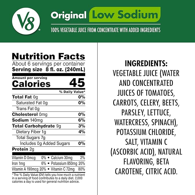 V8 Low Sodium Original 100% Vegetable Juice, 46 fl oz Bottle (Pack of 5)