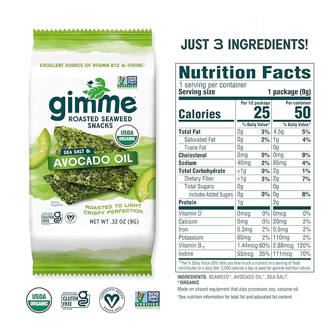 Gimme Seaweed Organic Premium Roasted Seaweed Snacks, Sea Salt & Avocado Oil, 12 Count Sharing Size, Keto, Vegan, Gluten-Free, Source of Omega3s & Iodine, Healthy On-The-Go Snack for Kids & Adults