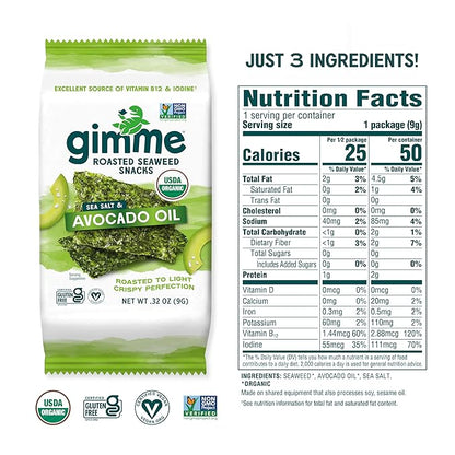 Gimme Seaweed Organic Premium Roasted Seaweed Snacks, Sea Salt & Avocado Oil, 12 Count Sharing Size, Keto, Vegan, Gluten-Free, Source of Omega3s & Iodine, Healthy On-The-Go Snack for Kids & Adults
