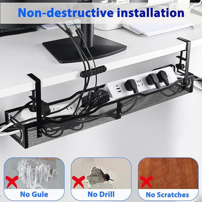Clamp-On Under Desk Cable Management Tray – 25.3 Inch No Drill Metal Wire Organizer for Home Office & Standing Desk Setup (Black)