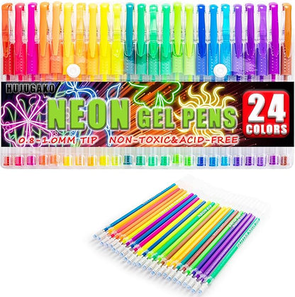 48 Pack Neon Gel Pens, 24 Colored Gel Pen with 24 Refills,40% More Ink Write Smooth for Adults Coloring Books Drawing Doodling Scrapbooks Bullet Journaling
