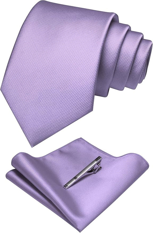 JEMYGINS Solid Color Formal Necktie and Pocket Square Tie Clip Sets for Men