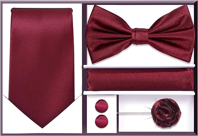 TIE G 5pcs Tie Set in WHITE OR BLACK GIFT BOX: Solid Color Necktie, Satin Bow Tie, Pocket Square, Lapel, Cuff Links