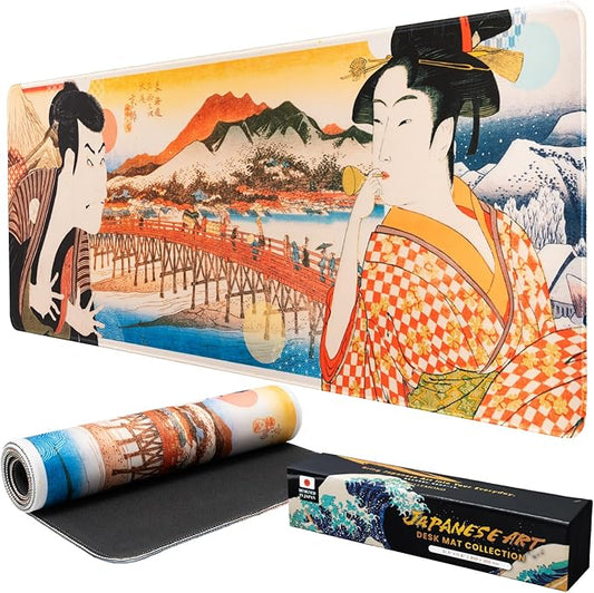 BELLEMOND Japanese Art Desk Mat | Large 31.5x11.8in Desk Pad | Mouse Pad for Keyboard & Mouse | Non-Slip Base, Water-Repellent, Smooth Precision | Edo Lovers